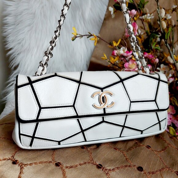 CHANEL Handbags - CHANEL White & Black Leather Quilted Stitch Puzzle Flap Shoulder Bag